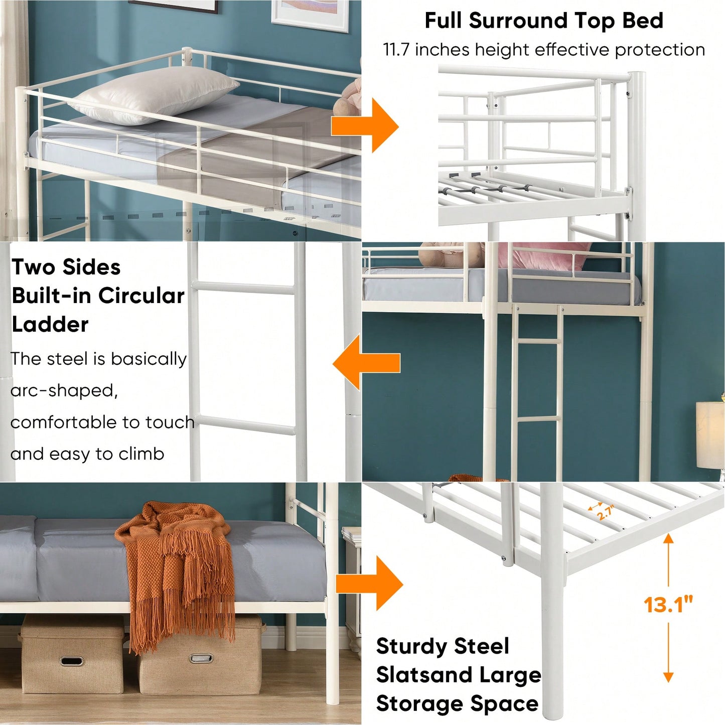 Space Saving Twin Over Twin Metal Bunk Bed With Safety Guardrails And Dual Ladders, No Box Spring Needed, Convertible Design In White