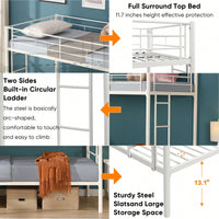 Space Saving Twin Over Twin Metal Bunk Bed With Safety Guardrails And Dual Ladders, No Box Spring Needed, Convertible Design In White