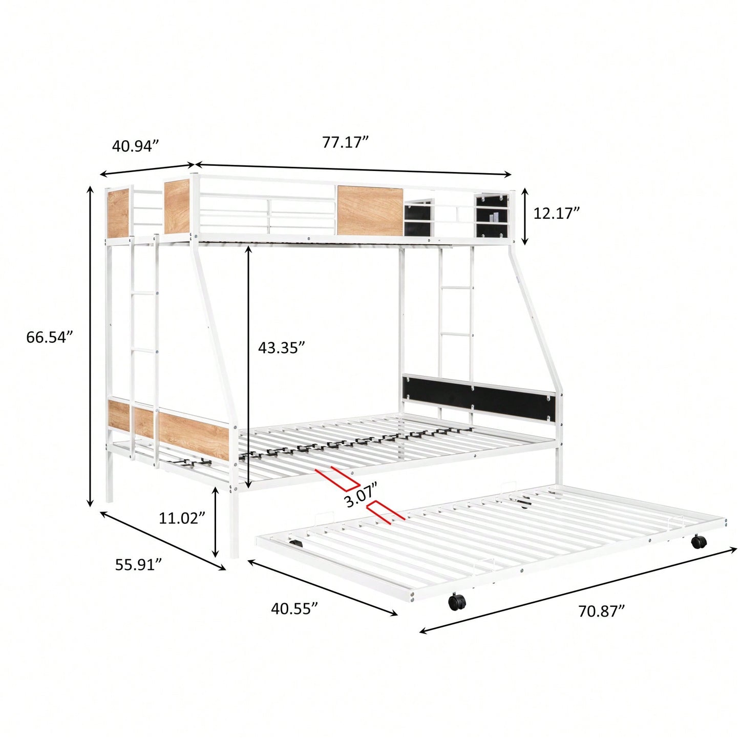 Sturdy Twin Over Full Bunk Bed with Trundle and Guardrail Space-Saving Design for Three with Wooden Accents