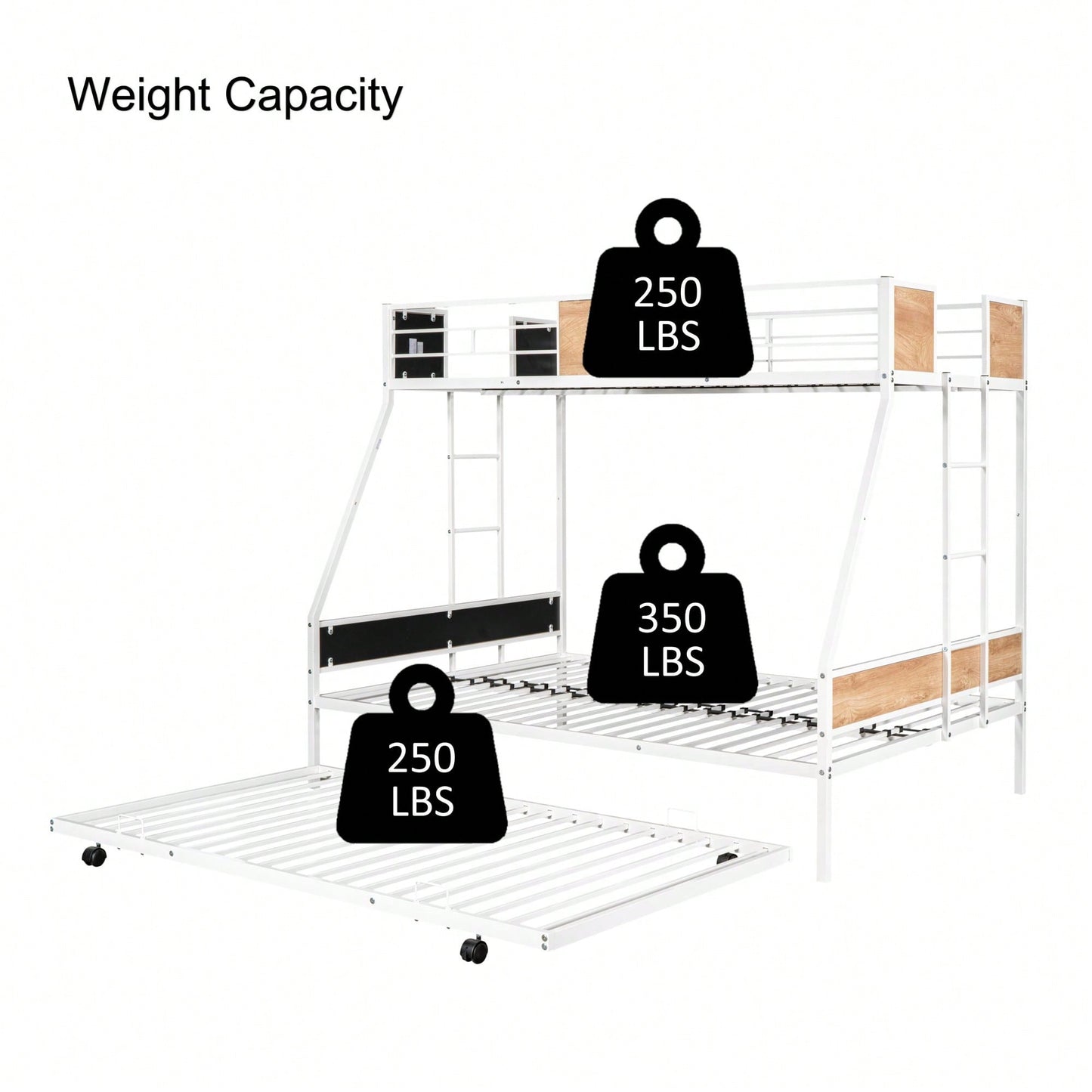 Sturdy Twin Over Full Bunk Bed with Trundle and Guardrail Space-Saving Design for Three with Wooden Accents