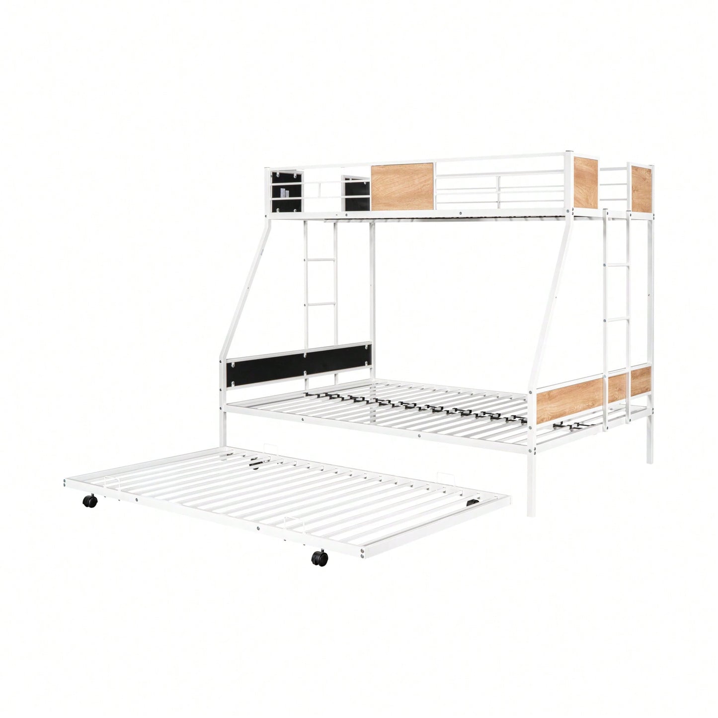 Sturdy Twin Over Full Bunk Bed with Trundle and Guardrail Space-Saving Design for Three with Wooden Accents