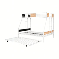 Sturdy Twin Over Full Bunk Bed with Trundle and Guardrail Space-Saving Design for Three with Wooden Accents