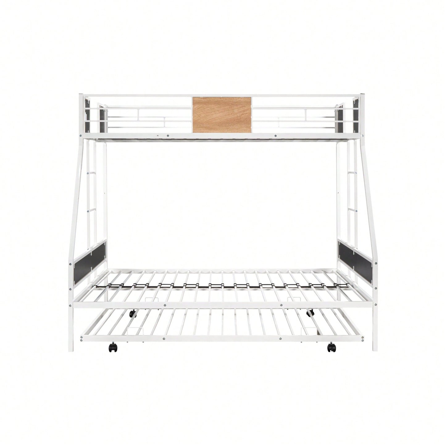 Sturdy Twin Over Full Bunk Bed with Trundle and Guardrail Space-Saving Design for Three with Wooden Accents