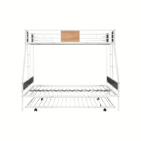 Sturdy Twin Over Full Bunk Bed with Trundle and Guardrail Space-Saving Design for Three with Wooden Accents