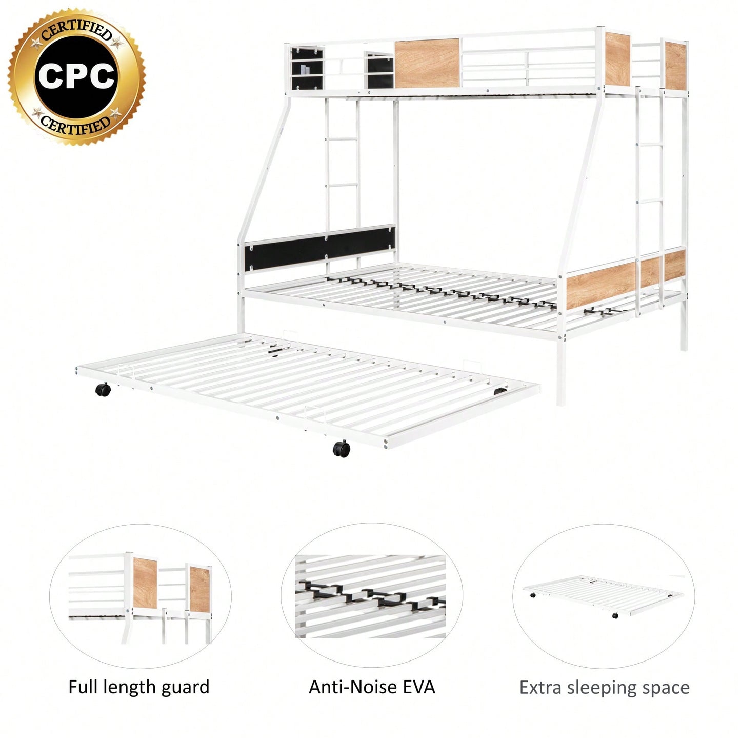 Sturdy Twin Over Full Bunk Bed with Trundle and Guardrail Space-Saving Design for Three with Wooden Accents