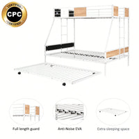 Sturdy Twin Over Full Bunk Bed with Trundle and Guardrail Space-Saving Design for Three with Wooden Accents