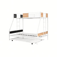 Sturdy Twin Over Full Bunk Bed with Trundle and Guardrail Space-Saving Design for Three with Wooden Accents