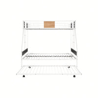 Sturdy Twin Over Full Bunk Bed with Trundle and Guardrail Space-Saving Design for Three with Wooden Accents