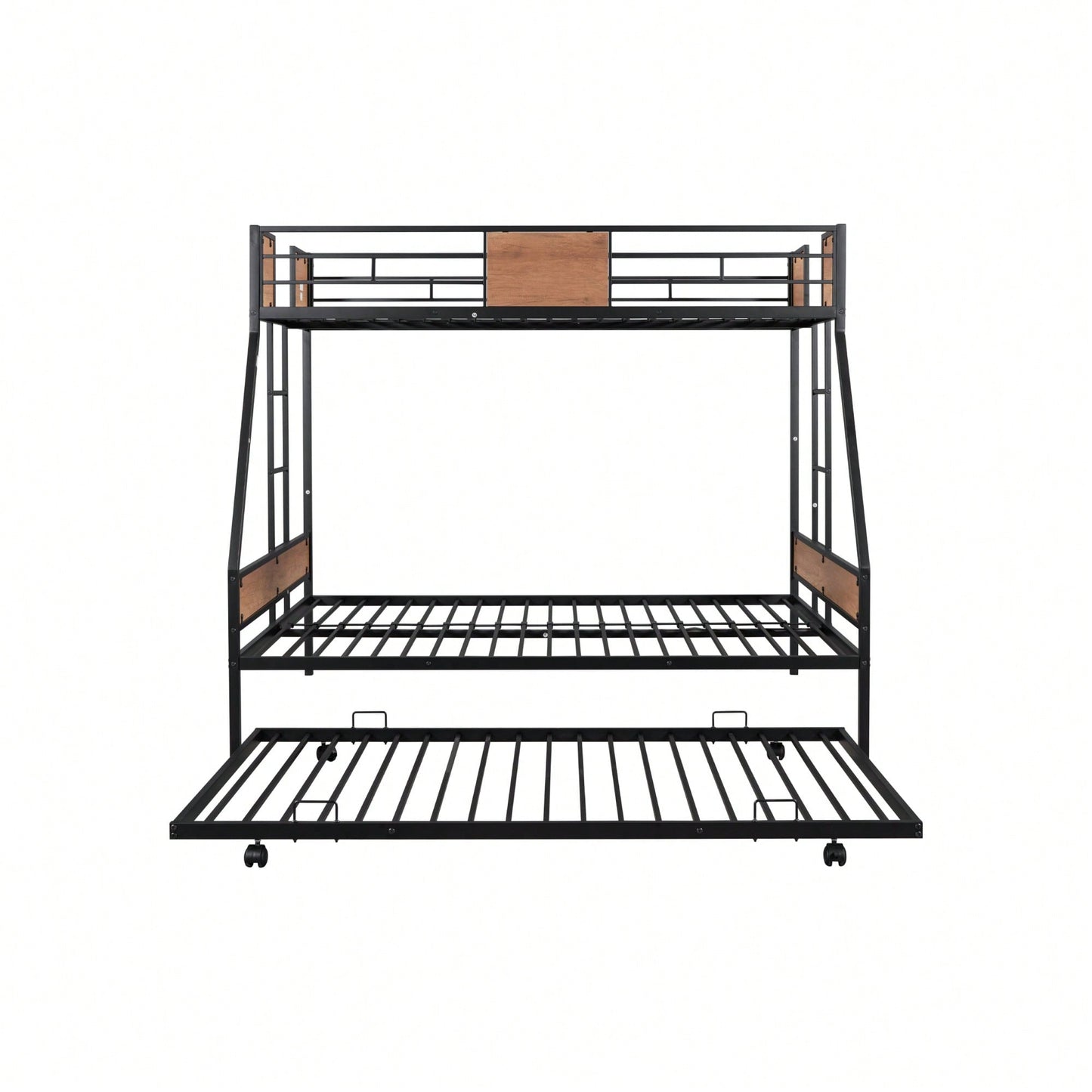 Sturdy Twin Over Full Bunk Bed with Trundle and Guardrail Space-Saving Design for Three with Wooden Accents