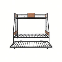 Sturdy Twin Over Full Bunk Bed with Trundle and Guardrail Space-Saving Design for Three with Wooden Accents