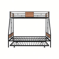 Sturdy Twin Over Full Bunk Bed with Trundle and Guardrail Space-Saving Design for Three with Wooden Accents