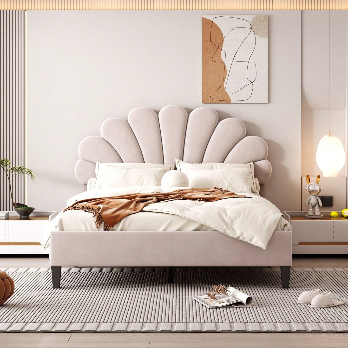 Elegant Beige Velvet Upholstered Platform Bed With Floral Pattern Headboard For Stylish Bedrooms