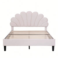 Elegant Beige Velvet Upholstered Platform Bed With Floral Pattern Headboard For Stylish Bedrooms