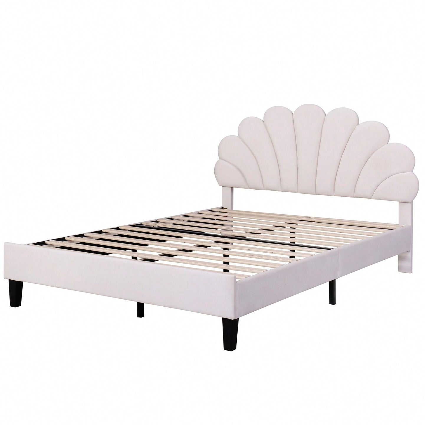 Elegant Beige Velvet Upholstered Platform Bed With Floral Pattern Headboard For Stylish Bedrooms