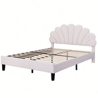 Elegant Beige Velvet Upholstered Platform Bed With Floral Pattern Headboard For Stylish Bedrooms