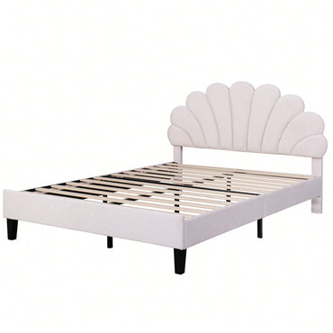 Elegant Beige Velvet Upholstered Platform Bed With Floral Pattern Headboard For Stylish Bedrooms