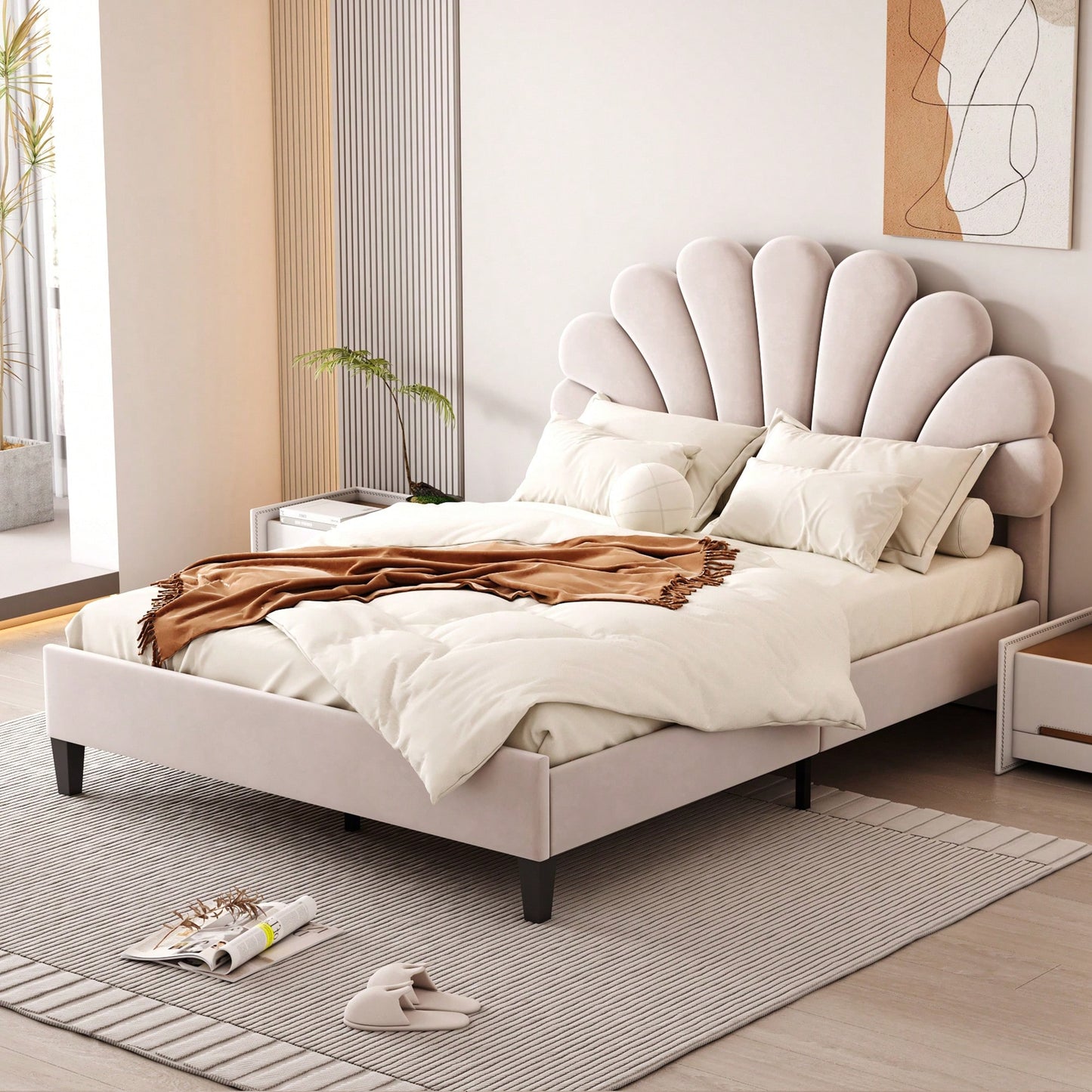 Elegant Beige Velvet Upholstered Platform Bed With Floral Pattern Headboard For Stylish Bedrooms