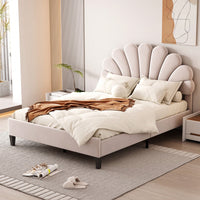 Elegant Beige Velvet Upholstered Platform Bed With Floral Pattern Headboard For Stylish Bedrooms