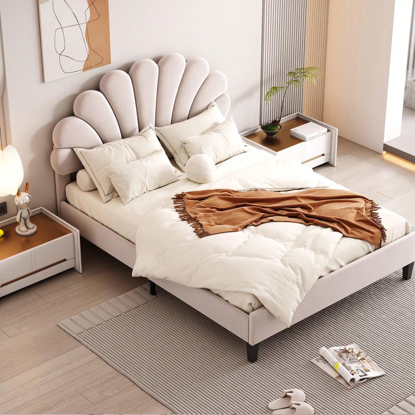 Elegant Beige Velvet Upholstered Platform Bed With Floral Pattern Headboard For Stylish Bedrooms