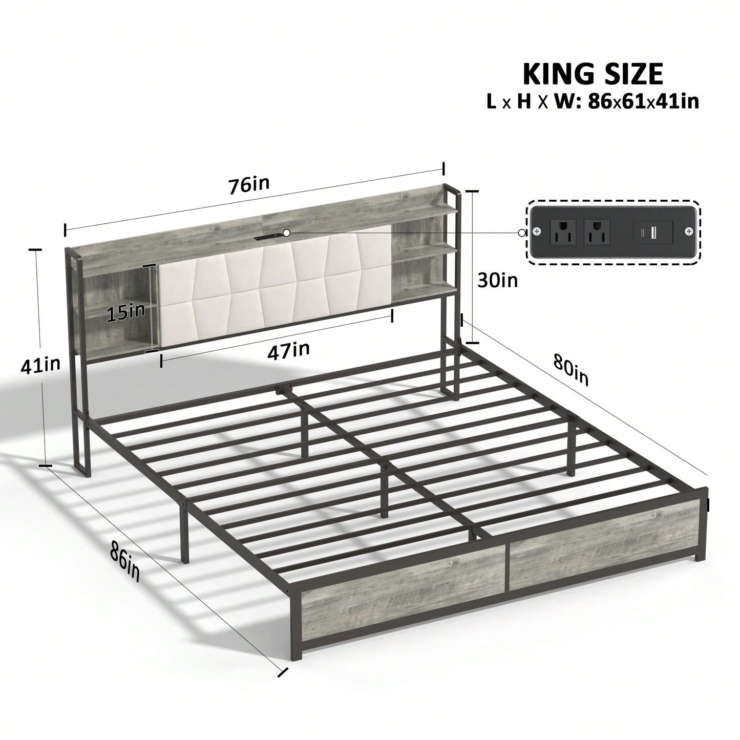 King Size Upholstered Platform Bed Frame with LED Lights Power Outlet and Storage Solutions Easy Assembly Noise-Free Design