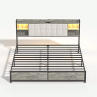 King Size Upholstered Platform Bed Frame with LED Lights Power Outlet and Storage Solutions Easy Assembly Noise-Free Design