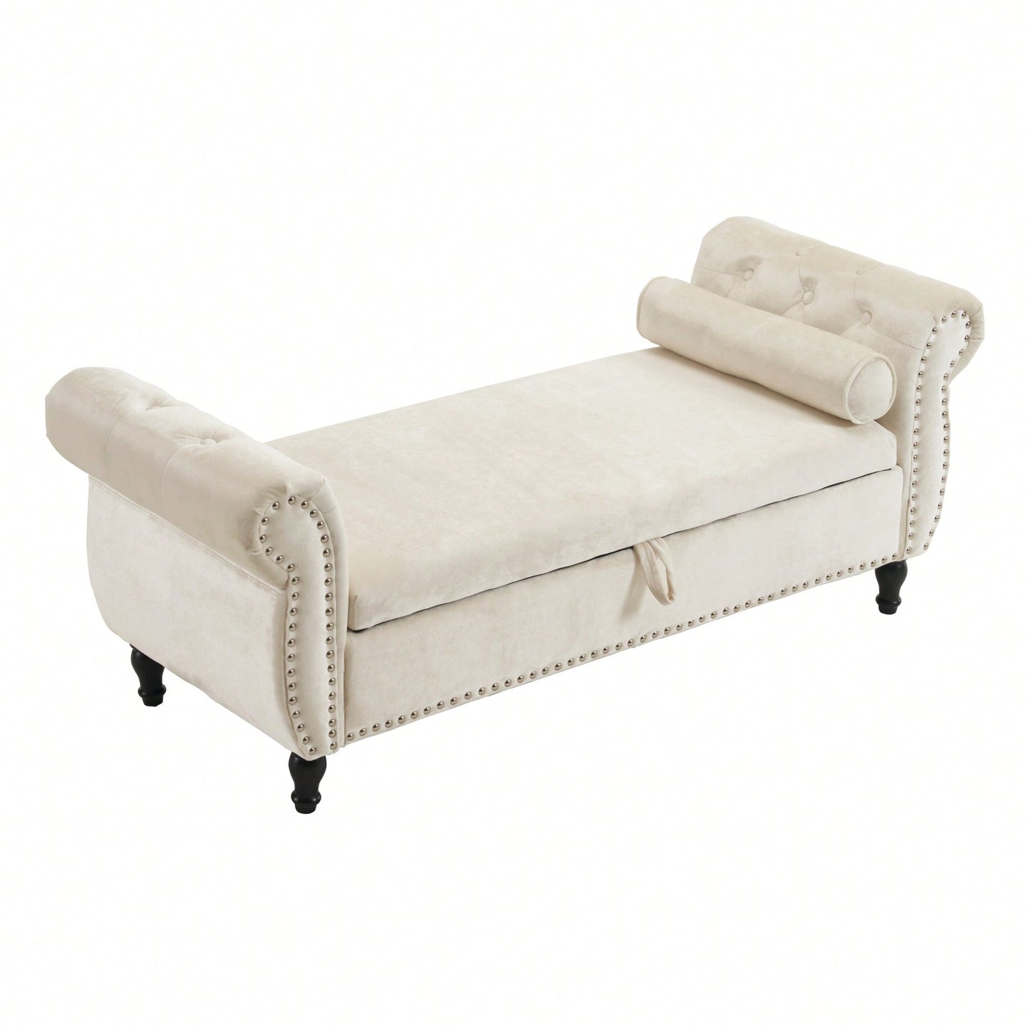 Beige Velvet Multifunctional Rectangular Storage Ottoman Bench With Pillow