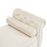 Beige Velvet Multifunctional Rectangular Storage Ottoman Bench With Pillow