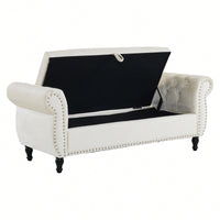 Beige Velvet Multifunctional Rectangular Storage Ottoman Bench With Pillow