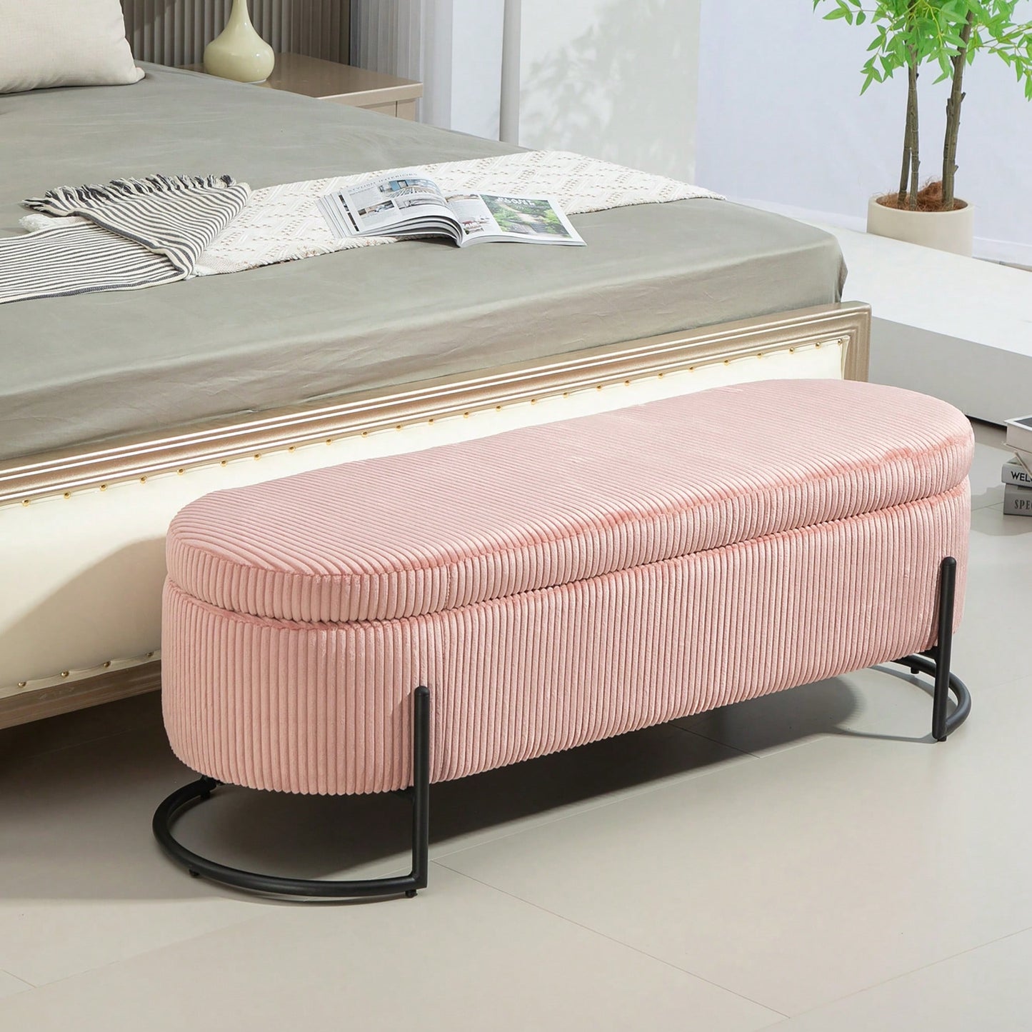 Upholstered Pink Storage Ottoman Bench For Bedroom And Living Room With Safety Hinge Padded Footstool Entryway Furniture