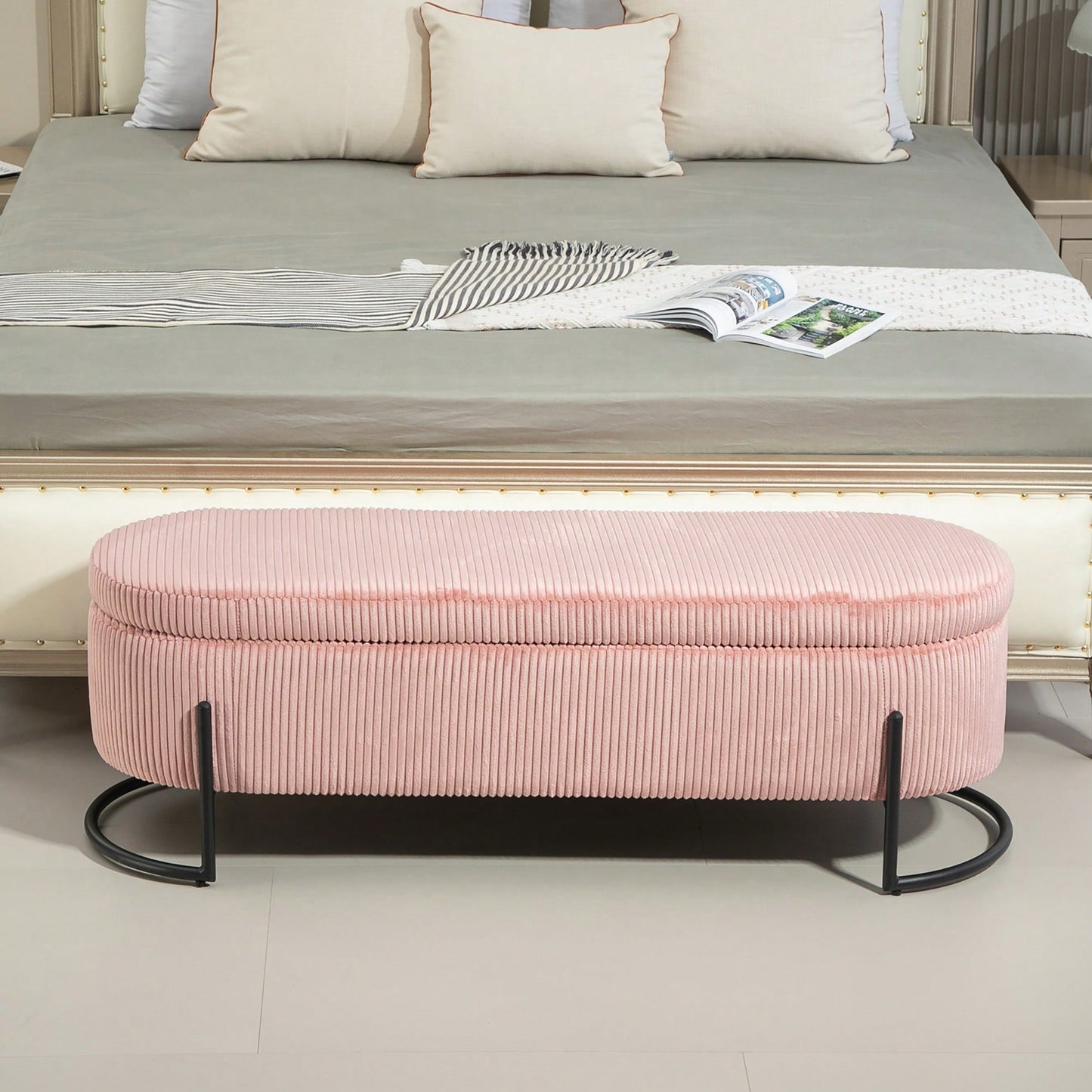 Upholstered Pink Storage Ottoman Bench For Bedroom And Living Room With Safety Hinge Padded Footstool Entryway Furniture