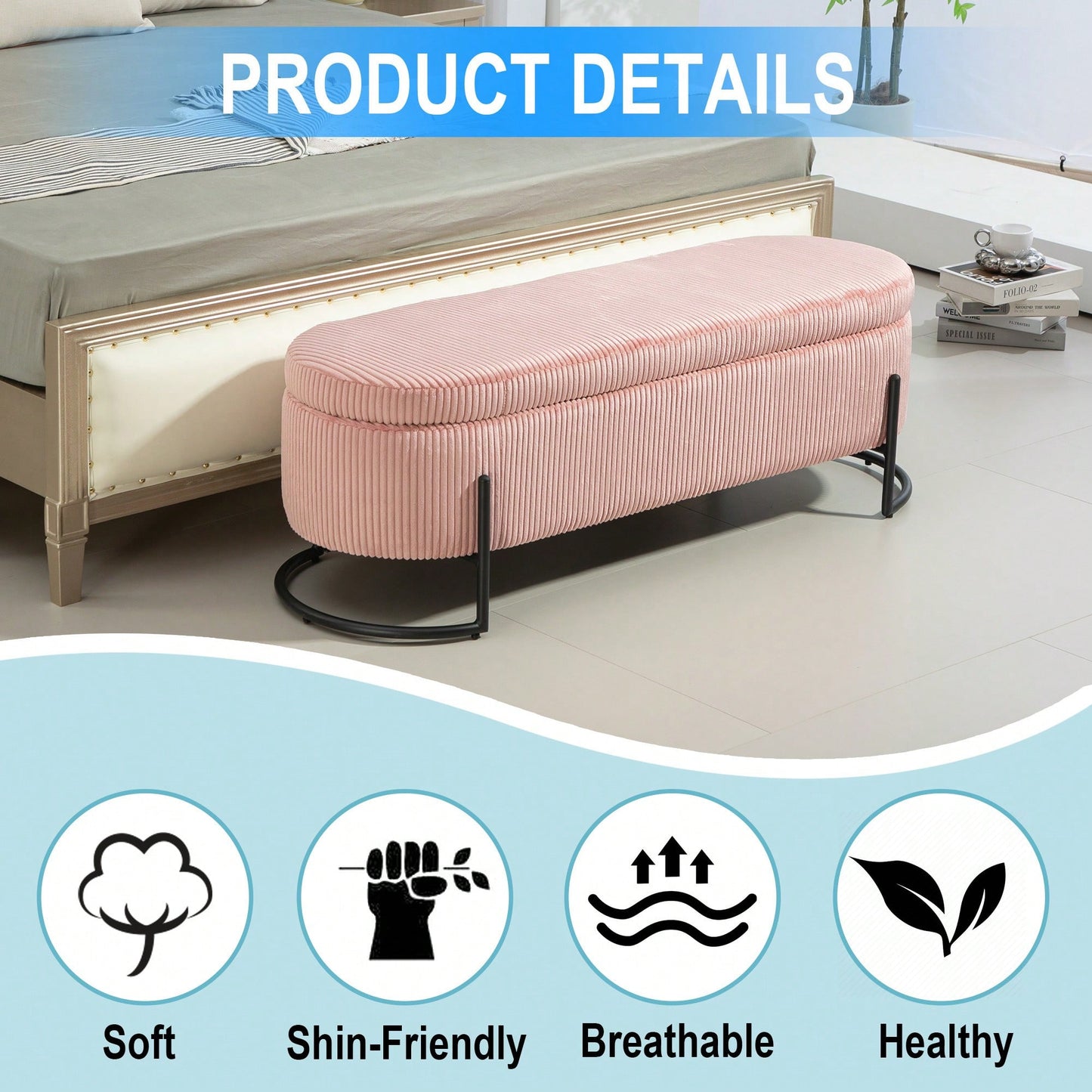 Upholstered Pink Storage Ottoman Bench For Bedroom And Living Room With Safety Hinge Padded Footstool Entryway Furniture