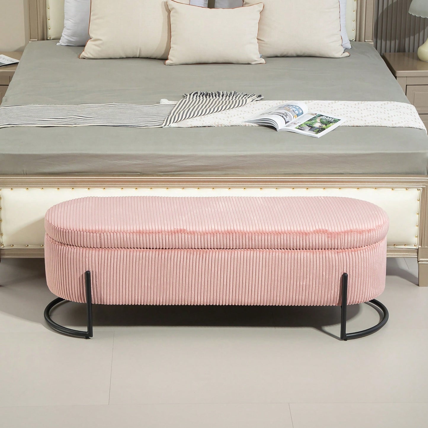 Upholstered Pink Storage Ottoman Bench For Bedroom And Living Room With Safety Hinge Padded Footstool Entryway Furniture