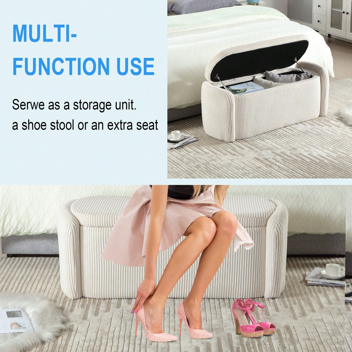 Upholstered Fabric Storage Ottoman With Safety Hinge For Bedroom And Living Room Stylish Entryway Bench In Beige