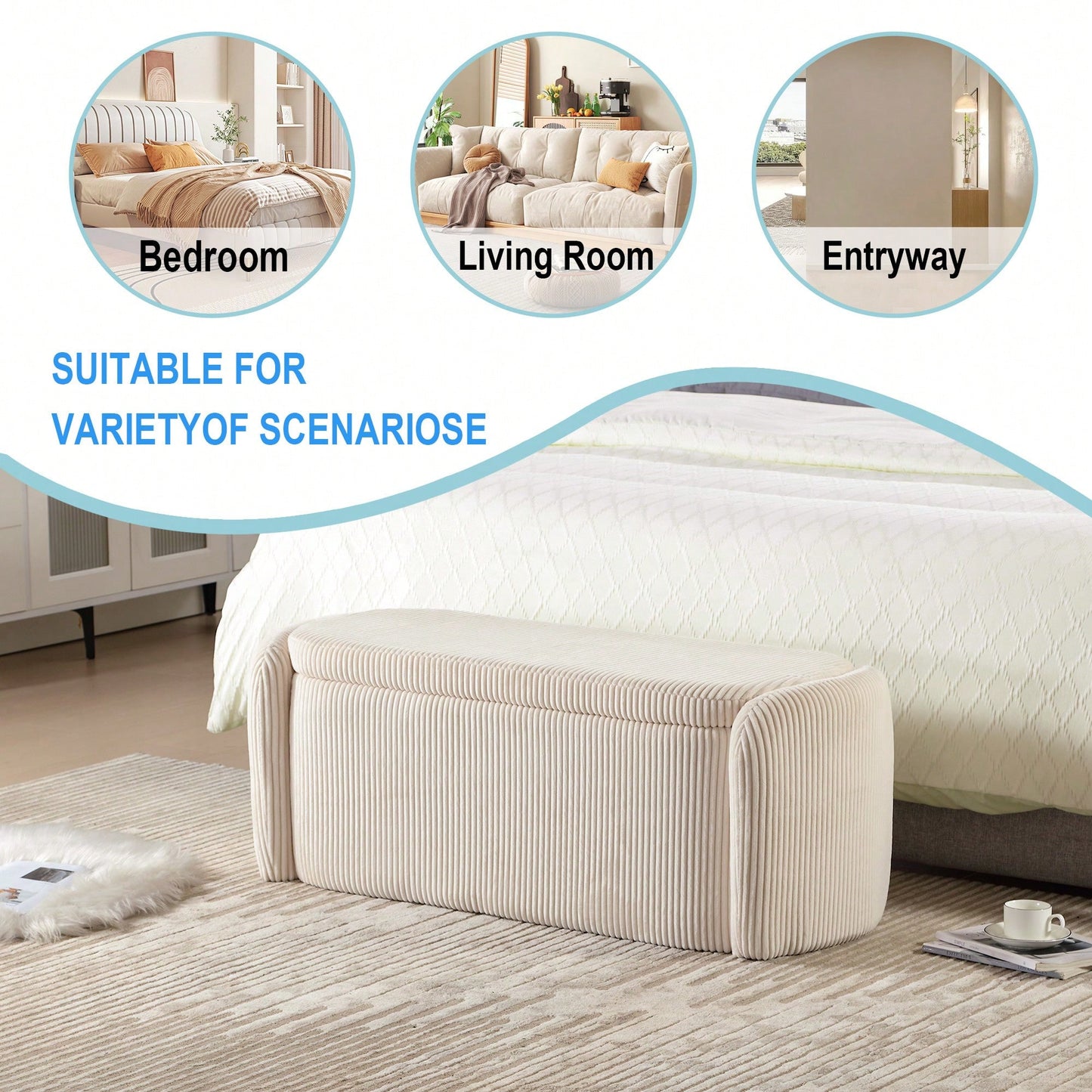 Upholstered Fabric Storage Ottoman With Safety Hinge For Bedroom And Living Room Stylish Entryway Bench In Beige