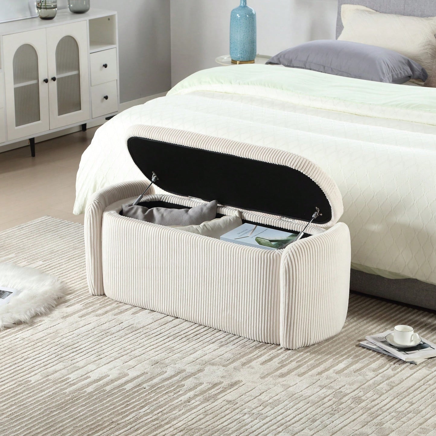 Upholstered Fabric Storage Ottoman With Safety Hinge For Bedroom And Living Room Stylish Entryway Bench In Beige