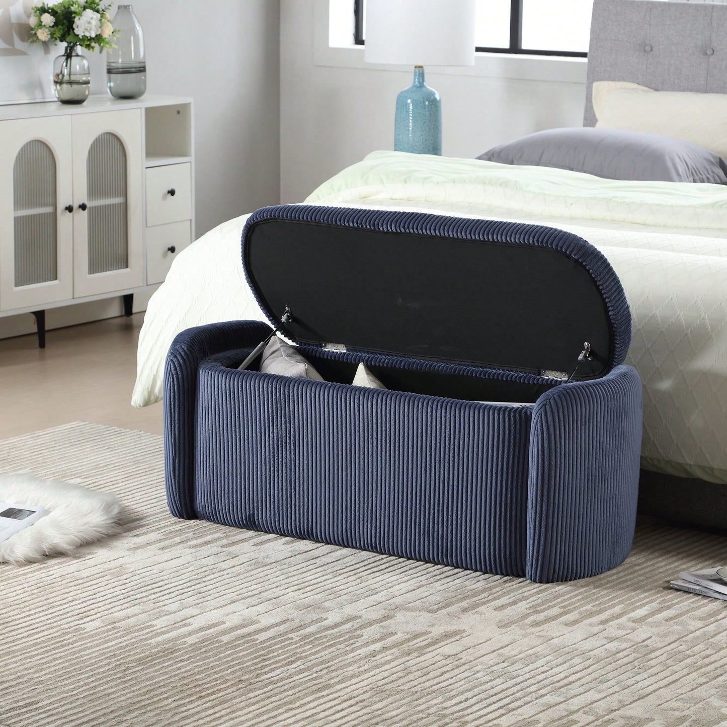 Upholstered Fabric Storage Ottoman With Safety Hinge For Bedroom And Living Room Stylish Entryway Bench In Beige