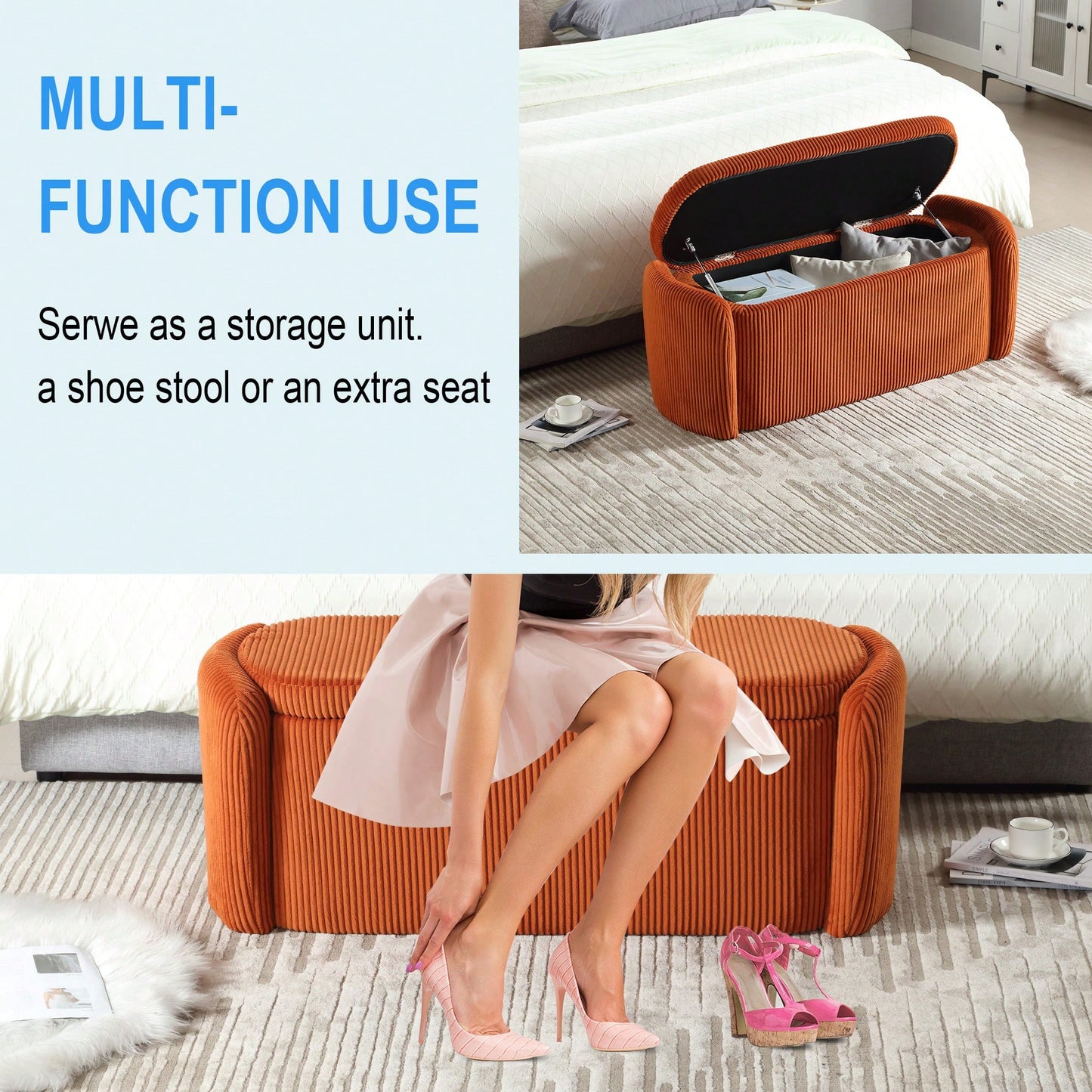 Upholstered Fabric Storage Ottoman With Safety Hinge For Bedroom And Living Room Stylish Entryway Bench In Beige