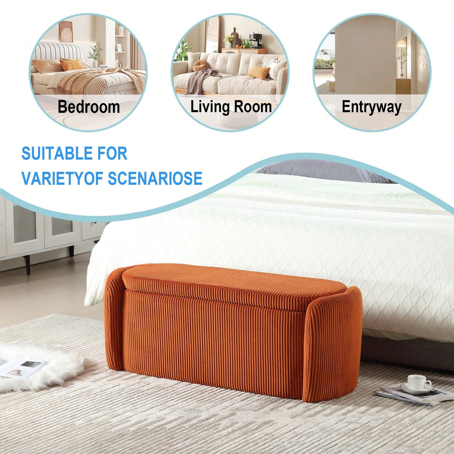 Upholstered Fabric Storage Ottoman With Safety Hinge For Bedroom And Living Room Stylish Entryway Bench In Beige