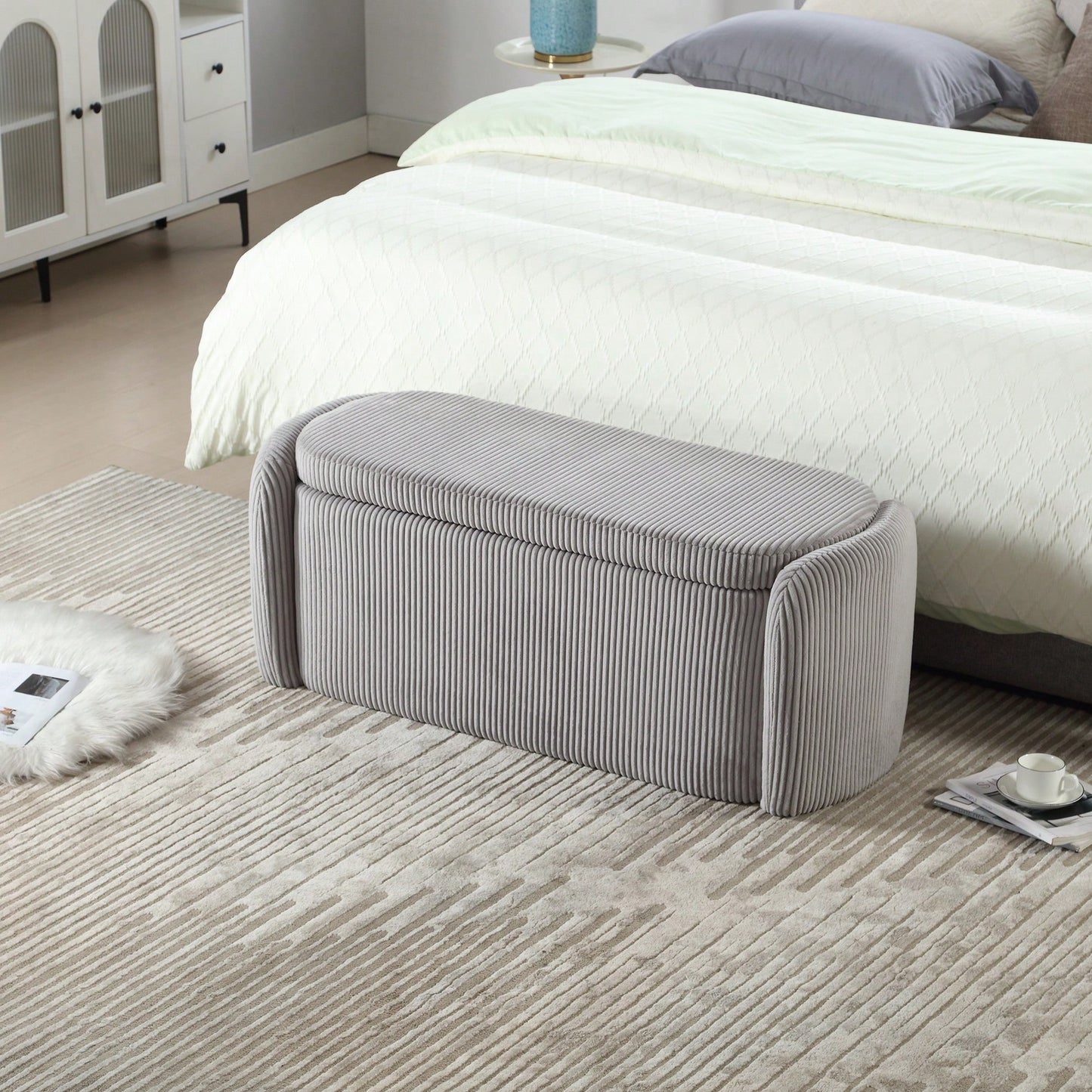 Upholstered Fabric Storage Ottoman With Safety Hinge For Bedroom And Living Room Stylish Entryway Bench In Beige