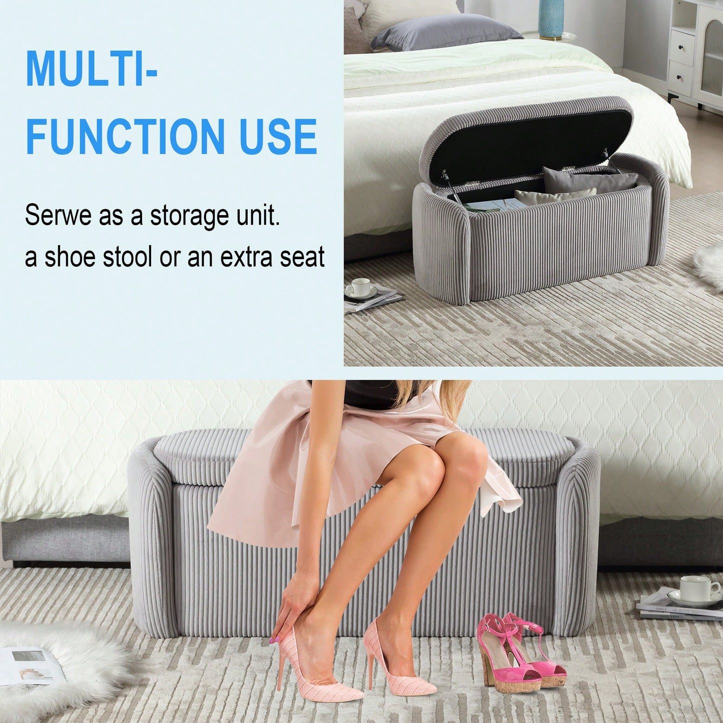 Upholstered Fabric Storage Ottoman With Safety Hinge For Bedroom And Living Room Stylish Entryway Bench In Beige