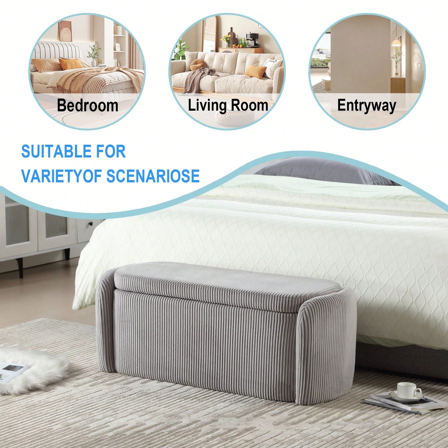 Upholstered Fabric Storage Ottoman With Safety Hinge For Bedroom And Living Room Stylish Entryway Bench In Beige