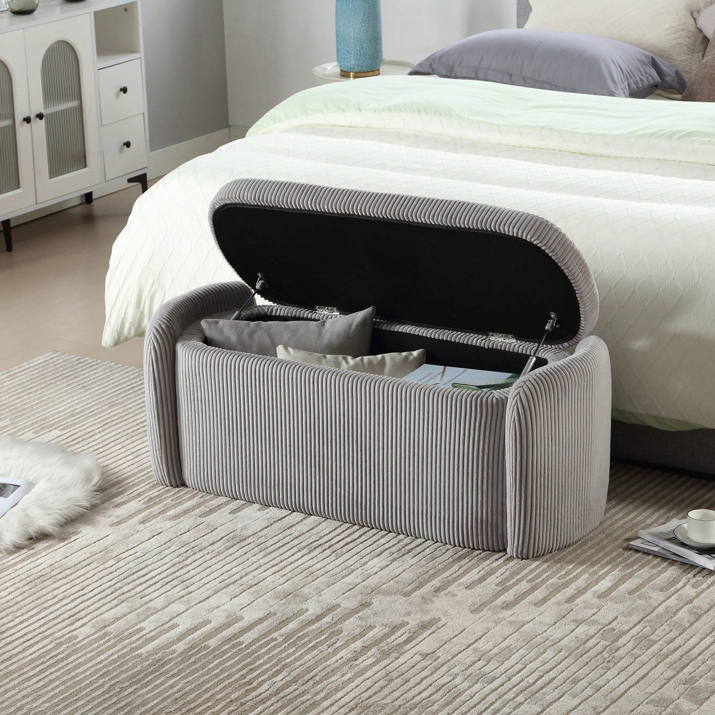 Upholstered Fabric Storage Ottoman With Safety Hinge For Bedroom And Living Room Stylish Entryway Bench In Beige