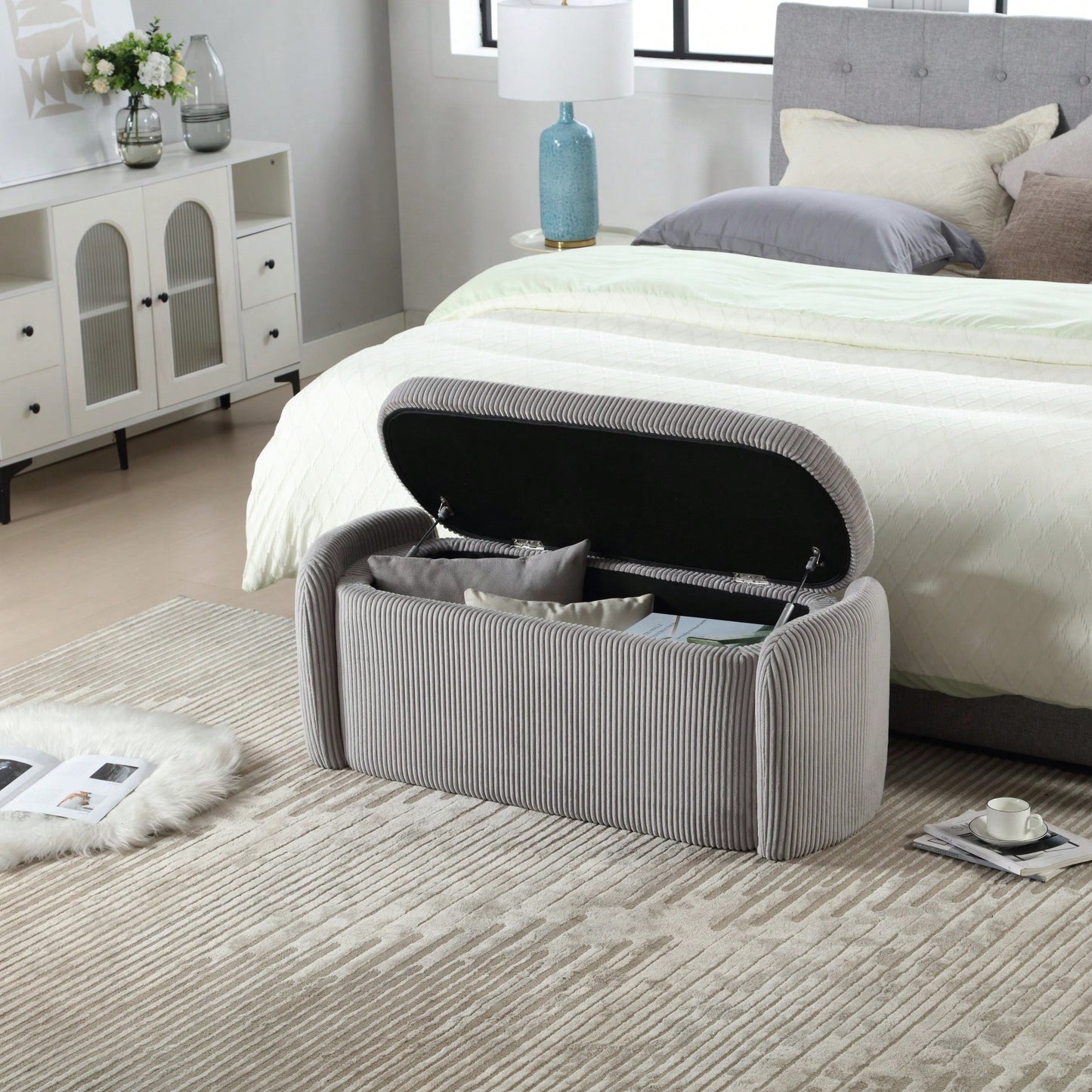 Upholstered Fabric Storage Ottoman With Safety Hinge For Bedroom And Living Room Stylish Entryway Bench In Beige