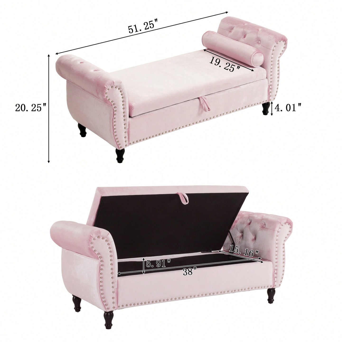 Pink Velvet Multifunctional Storage Ottoman Bench With Pillow For Living Room And Bedroom