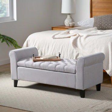 Stylish And Functional Armed Storage Bench With Cushion For Entryway Or Living Room