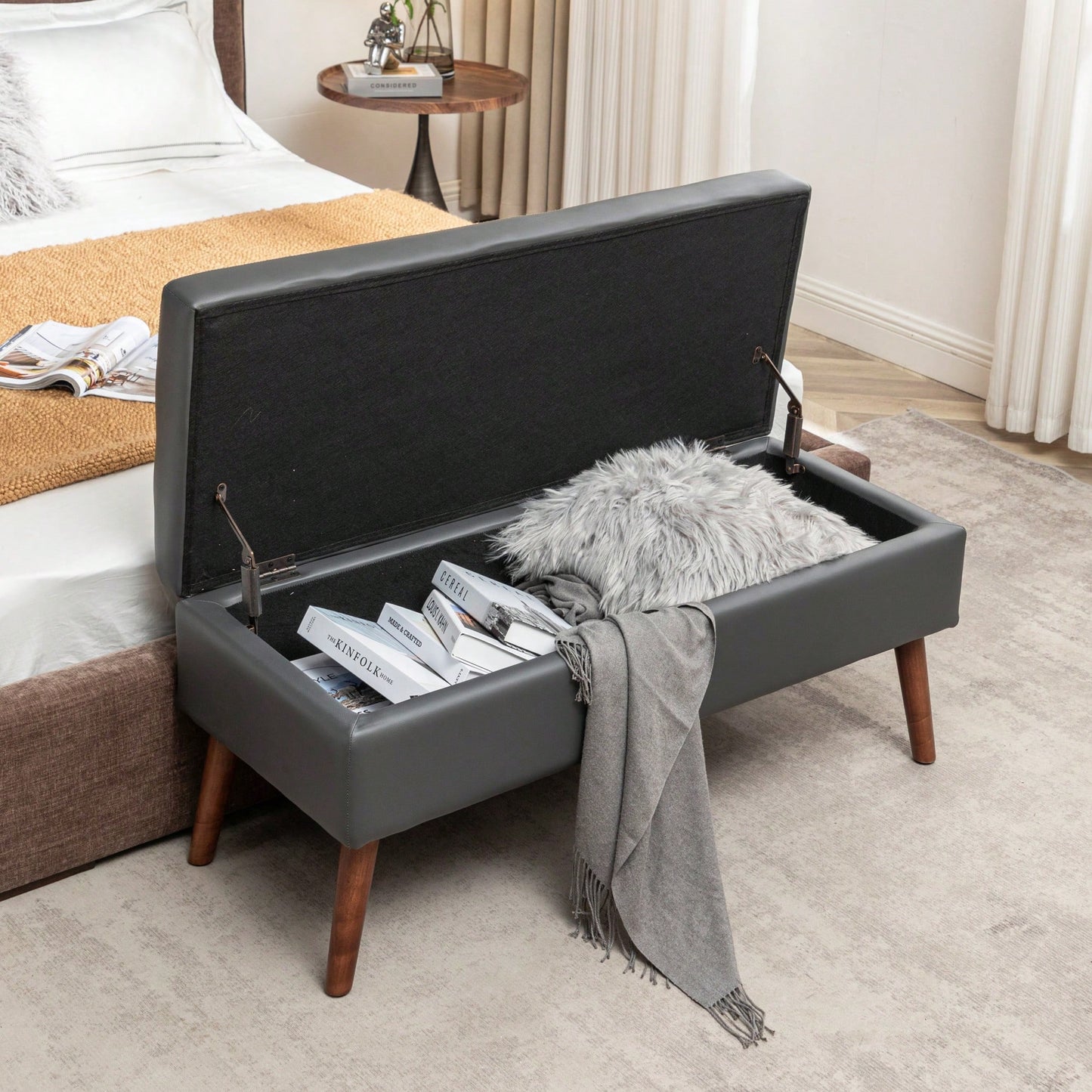 Dark Grey Leather Storage Bench For Bedroom End Of Bed Entryway Ottomans 43.3 Inch