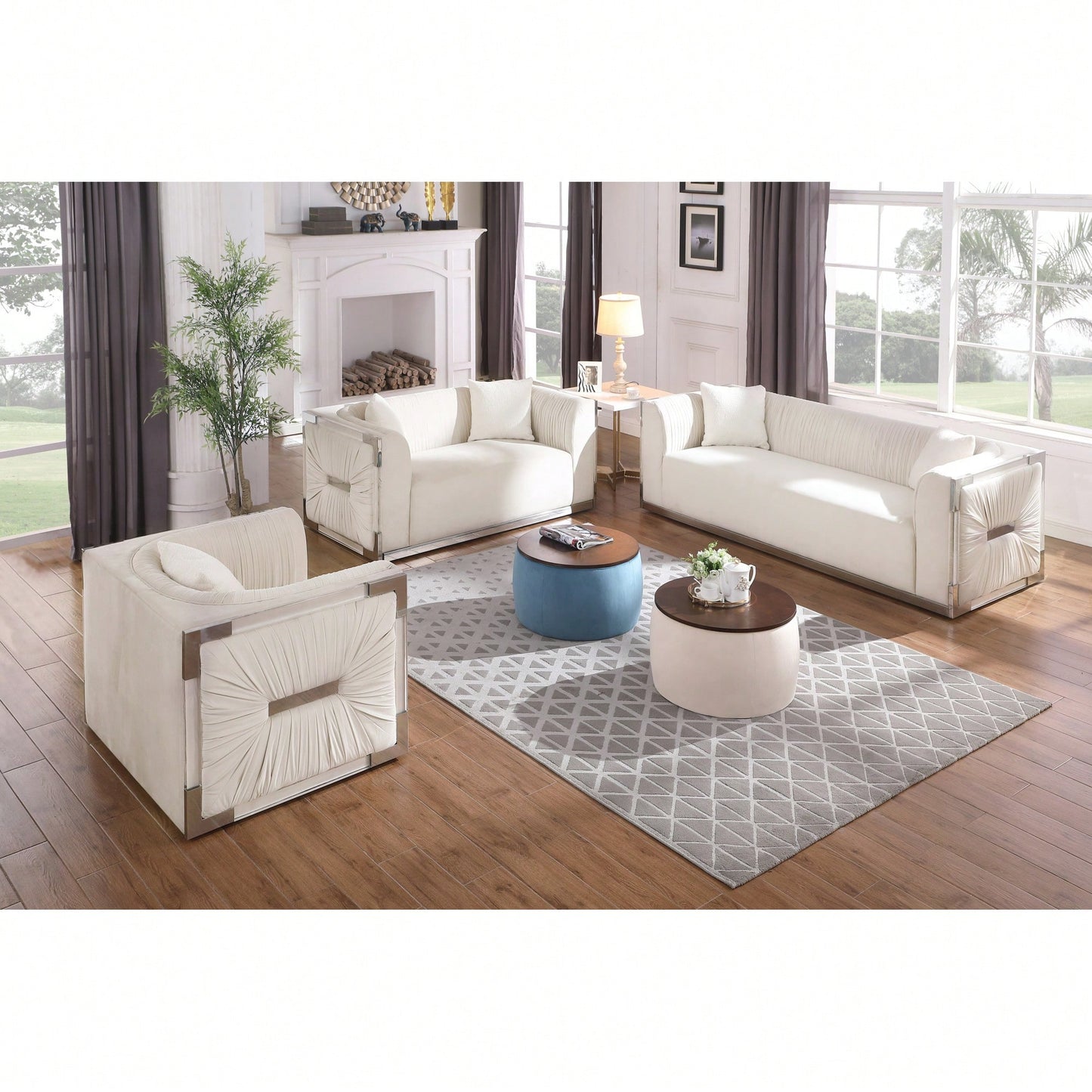 Versatile Round Ottoman Set With Storage And Dual Function Coffee Table Footrest For Living Room Bedroom Office