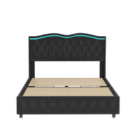 Velvet Upholstered Queen Bed Frame With Tufted Headboard And LED Lights, Black With Pull-Out Storage Drawers