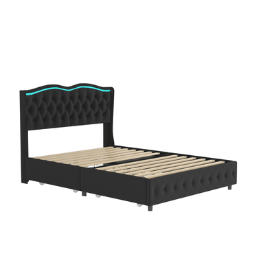 Velvet Upholstered Queen Bed Frame With Tufted Headboard And LED Lights, Black With Pull-Out Storage Drawers