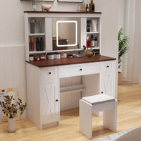 Farmhouse Vanity Desk with Sliding Mirror,Lights and Charging Station,Makeup Table Desk with Dimmable